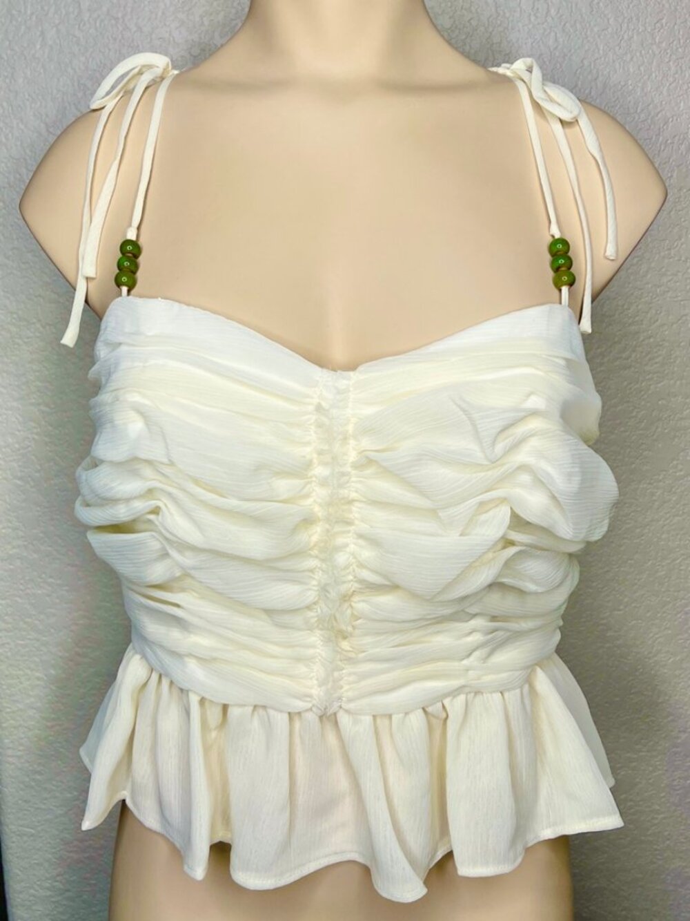 Parker Beaded Peplum Tank Top Soft Cream Rouched With Side Boning NWT